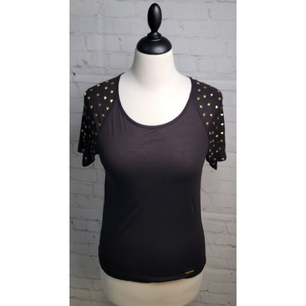 Michael Michael Kors Black Blouse size XS Gold Stud Embellishments Scoop Neck